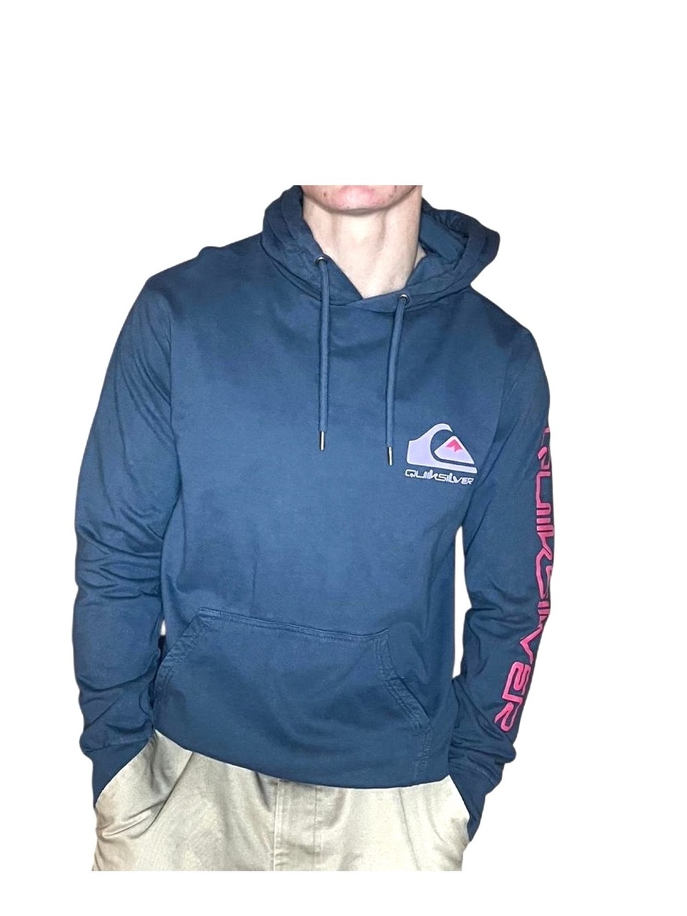 NEW WITH TAGS- Quiksilver Men's Navy Pullover Hoodie with Pink Logo on Sleeve MD